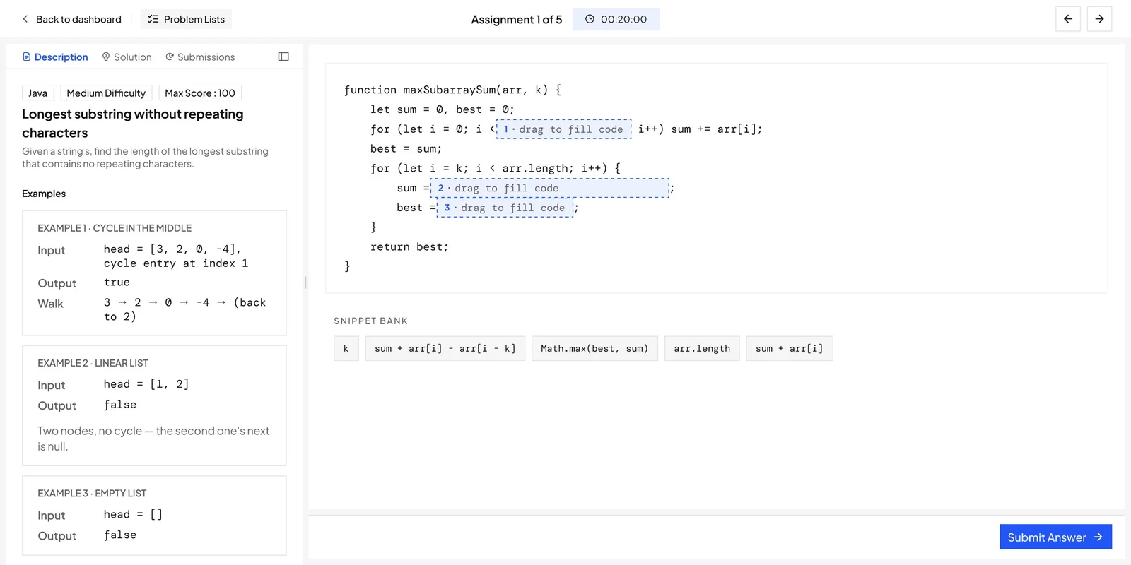 Drag to fill problem: a function with three numbered blanks and a snippet bank below