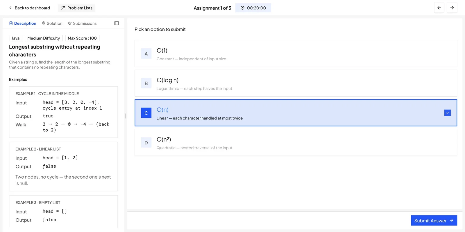 Multiple choice problem: four complexity options with a short reason under each, O(n) selected