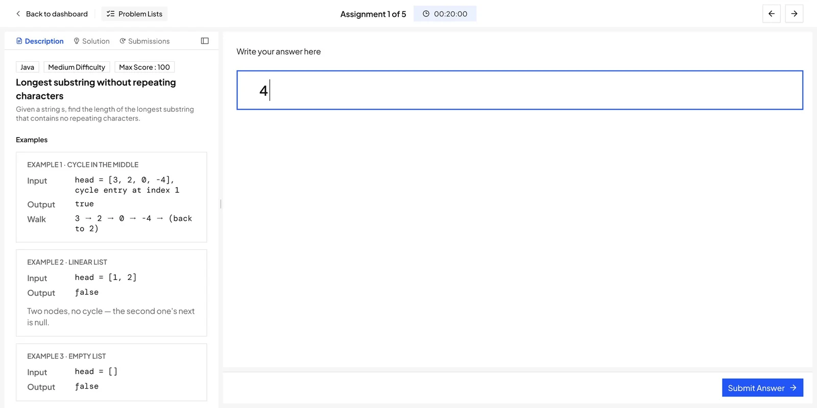 Short answer problem: a single answer field beside the statement