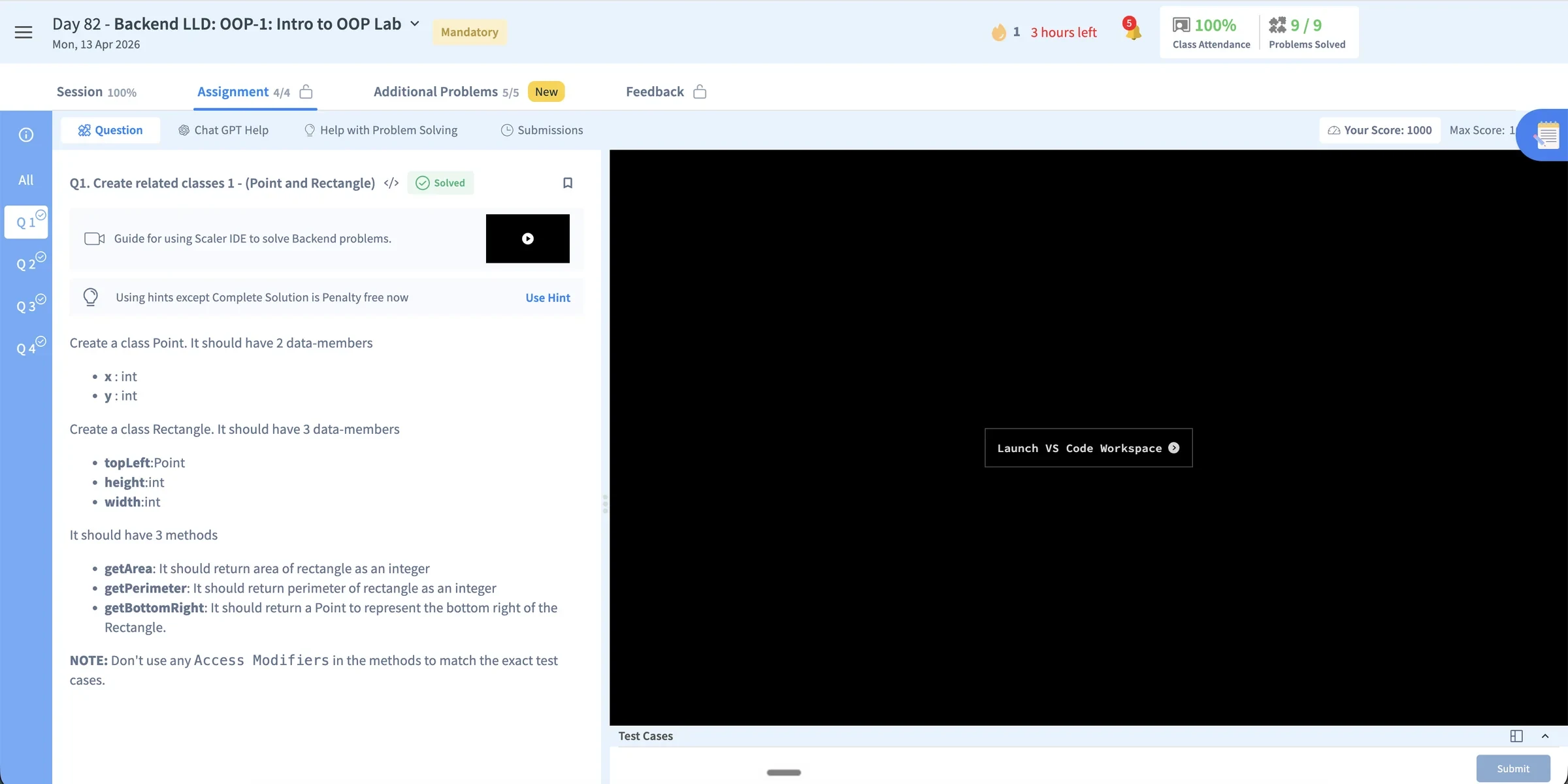 Before: the old assignment page, with class tabs on top, ChatGPT Help as a separate tab, a Launch VS Code Workspace button on a black panel and a collapsed Test Cases strip