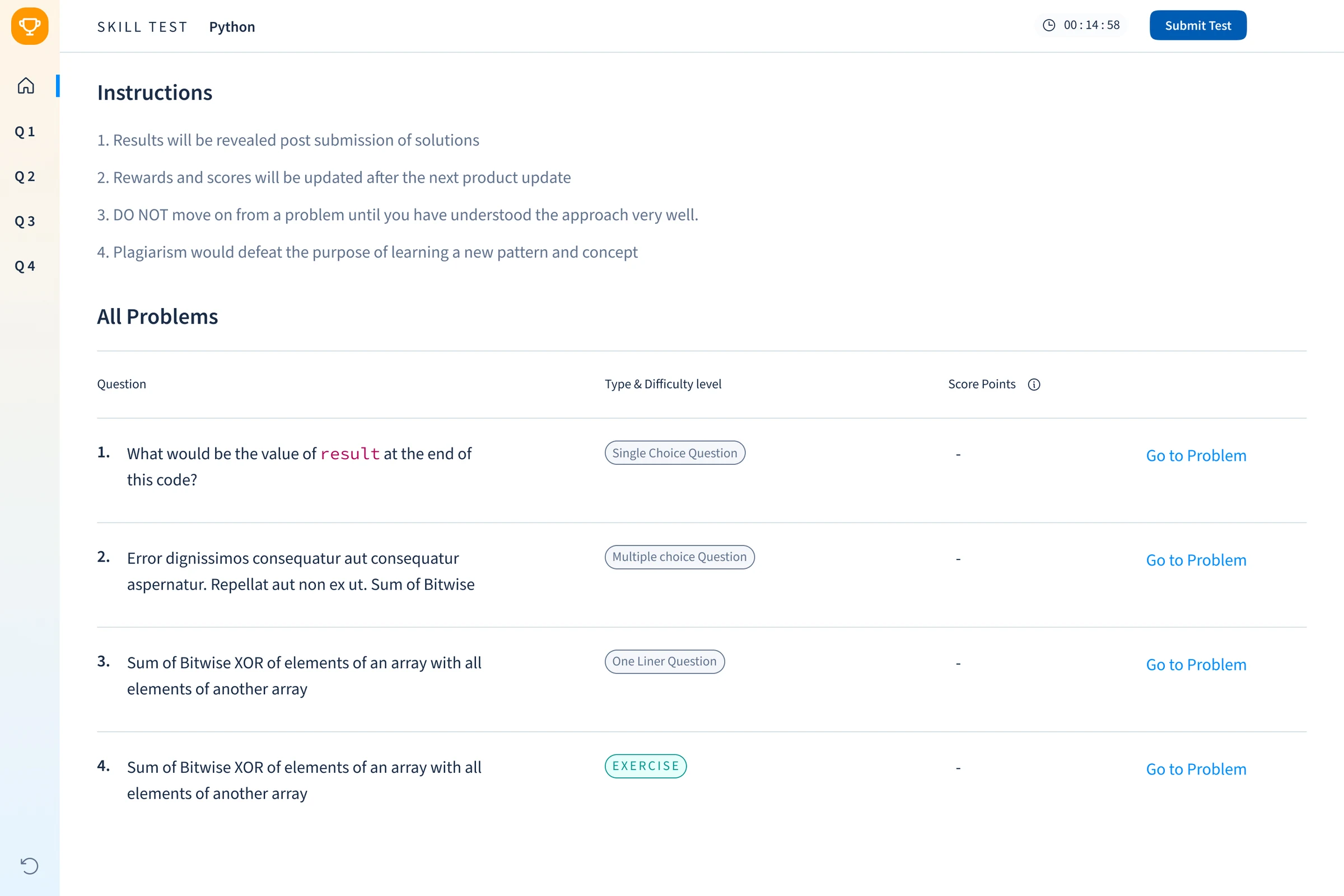 Skill Test screen at 1440 before the first answer: instructions, then all four questions with their type, score points and a Go to Problem link, with the timer and Submit Test in the header