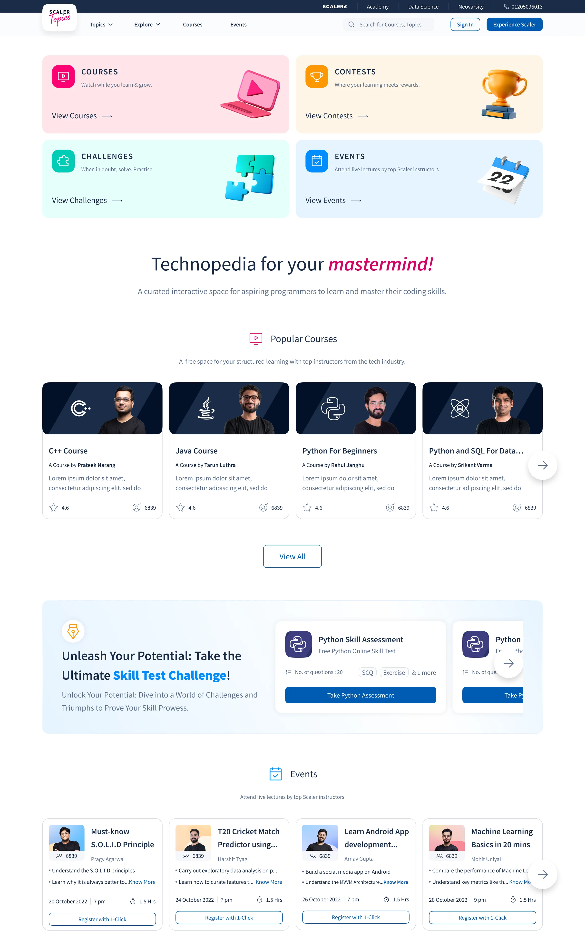 Scaler Topics home at 1440: courses, contests, challenges and events, popular courses, then a Skill Test block titled Unlock Your Potential with Python Skill Assessment cards, and upcoming events