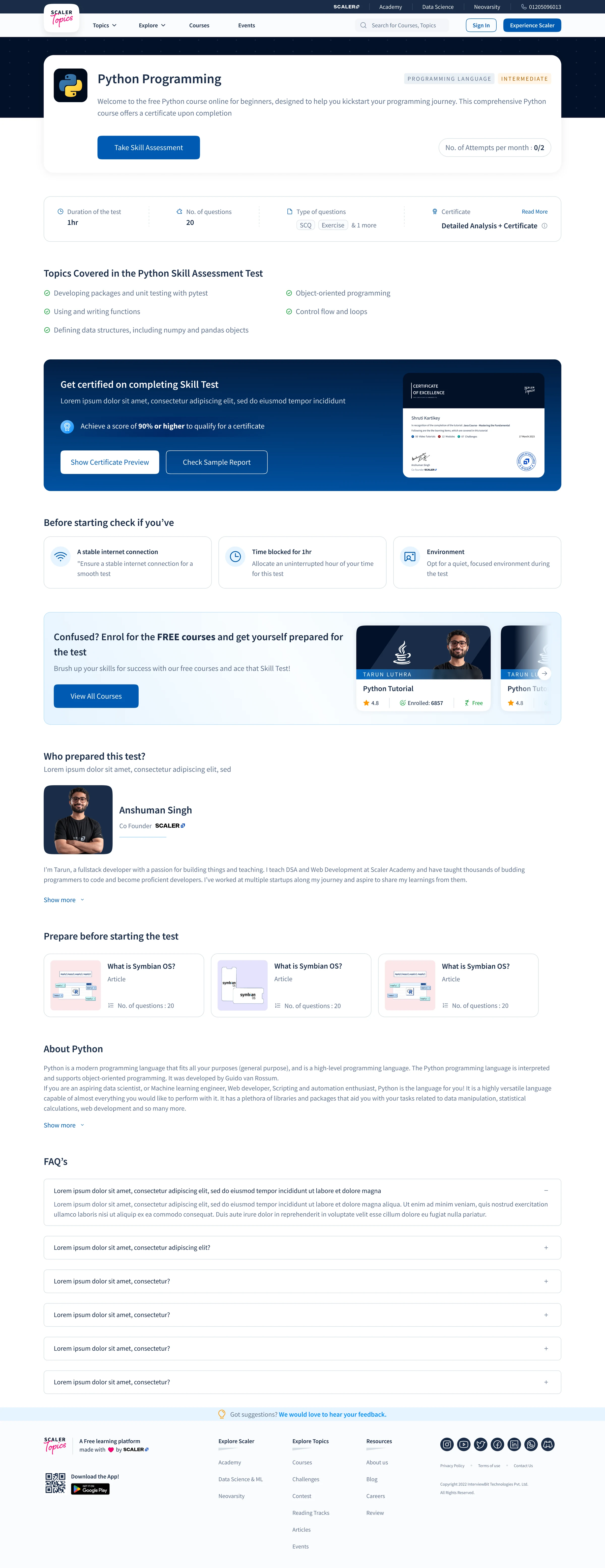 The full pre-test page at 1440: the Python Programming card with Take Skill Assessment and attempts, topics covered, the Get certified banner with the 90% bar, checks before starting, free courses, who prepared the test, FAQs and the footer
