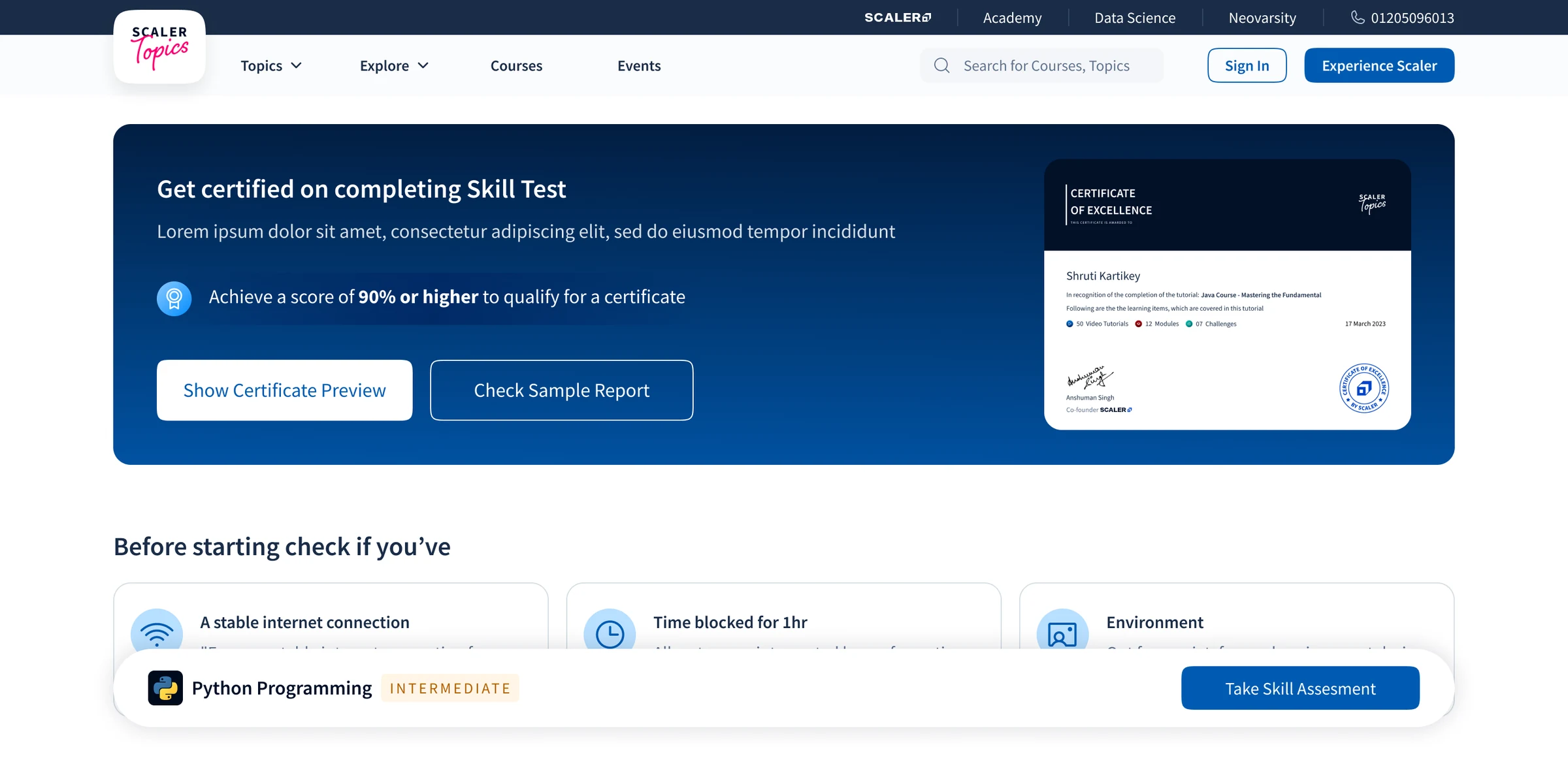 Pre-test screen at 1440, scrolled: the Get certified banner with the 90% bar, Show Certificate Preview and Check Sample Report, the checks to make before starting, and a sticky bar with Take Skill Assessment