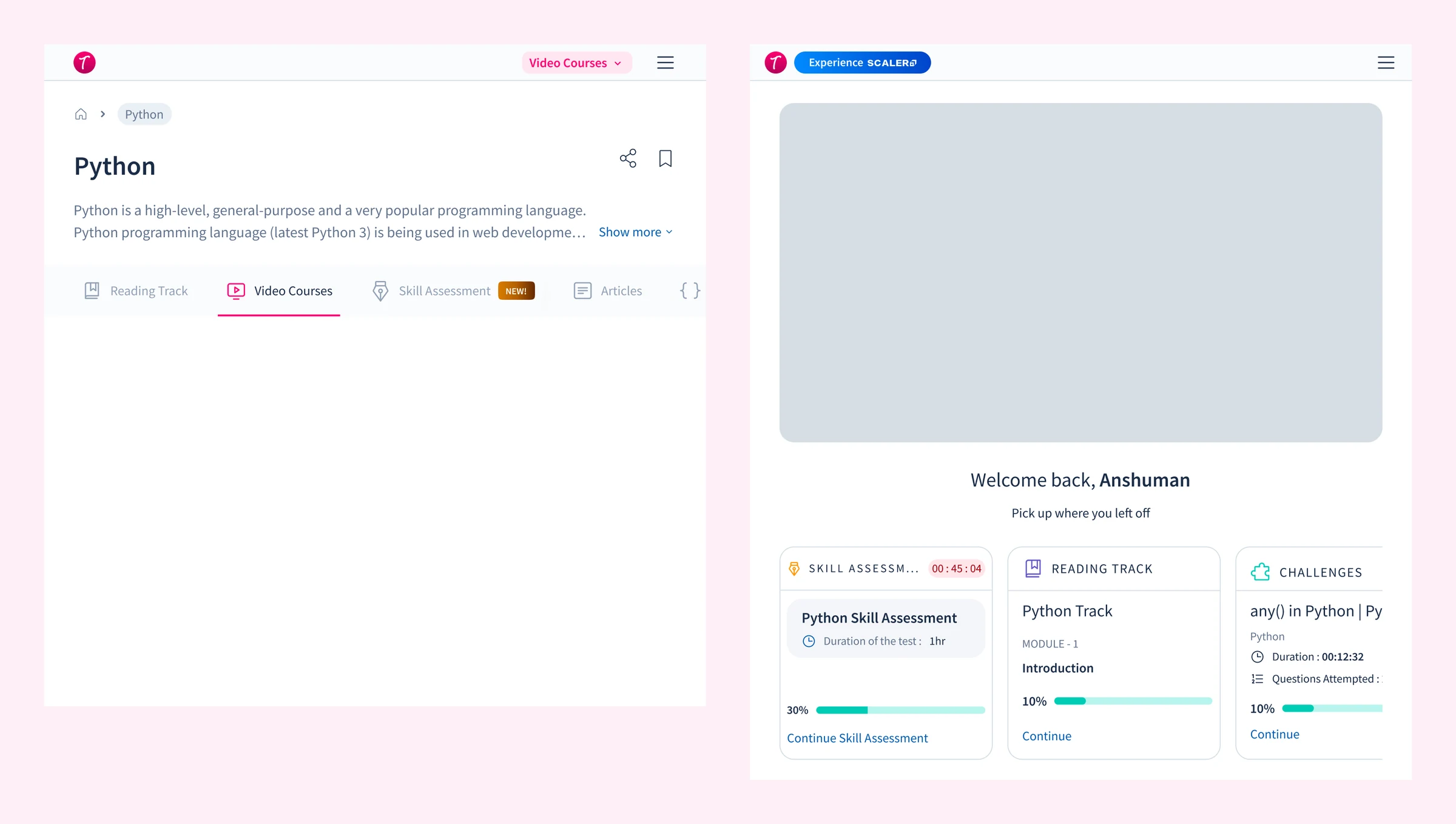 Two mobile screens at 720: the Python topic page with a new Skill Assessment tab, and the logged-in home with a Skill Assessment in progress and 45:04 left