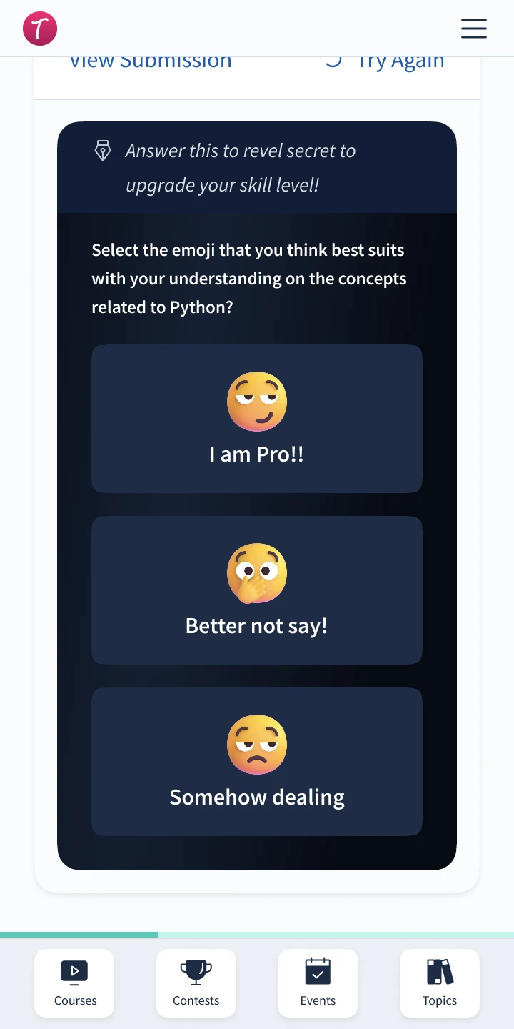 The feedback control in its states, asking the learner how well they understood the question, with three emoji answers