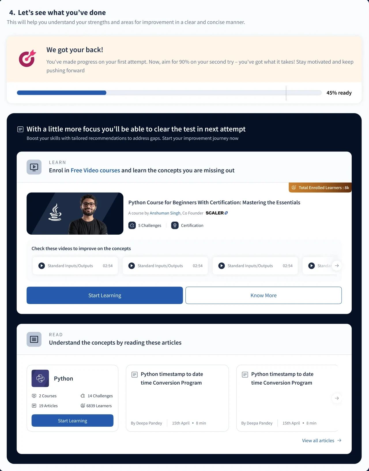 Recommendations after an attempt: progress towards 90%, then Learn and Read rows with free Topics courses and articles mapped to the concepts the learner missed