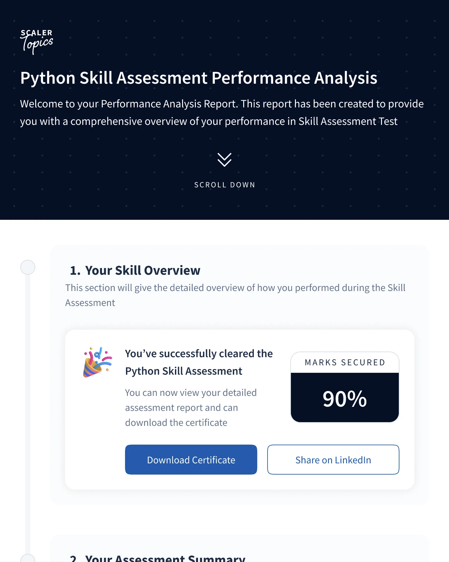 The report's Your Skill Overview section with the 90% score, followed by the assessment summary of correct, wrong and unattempted questions