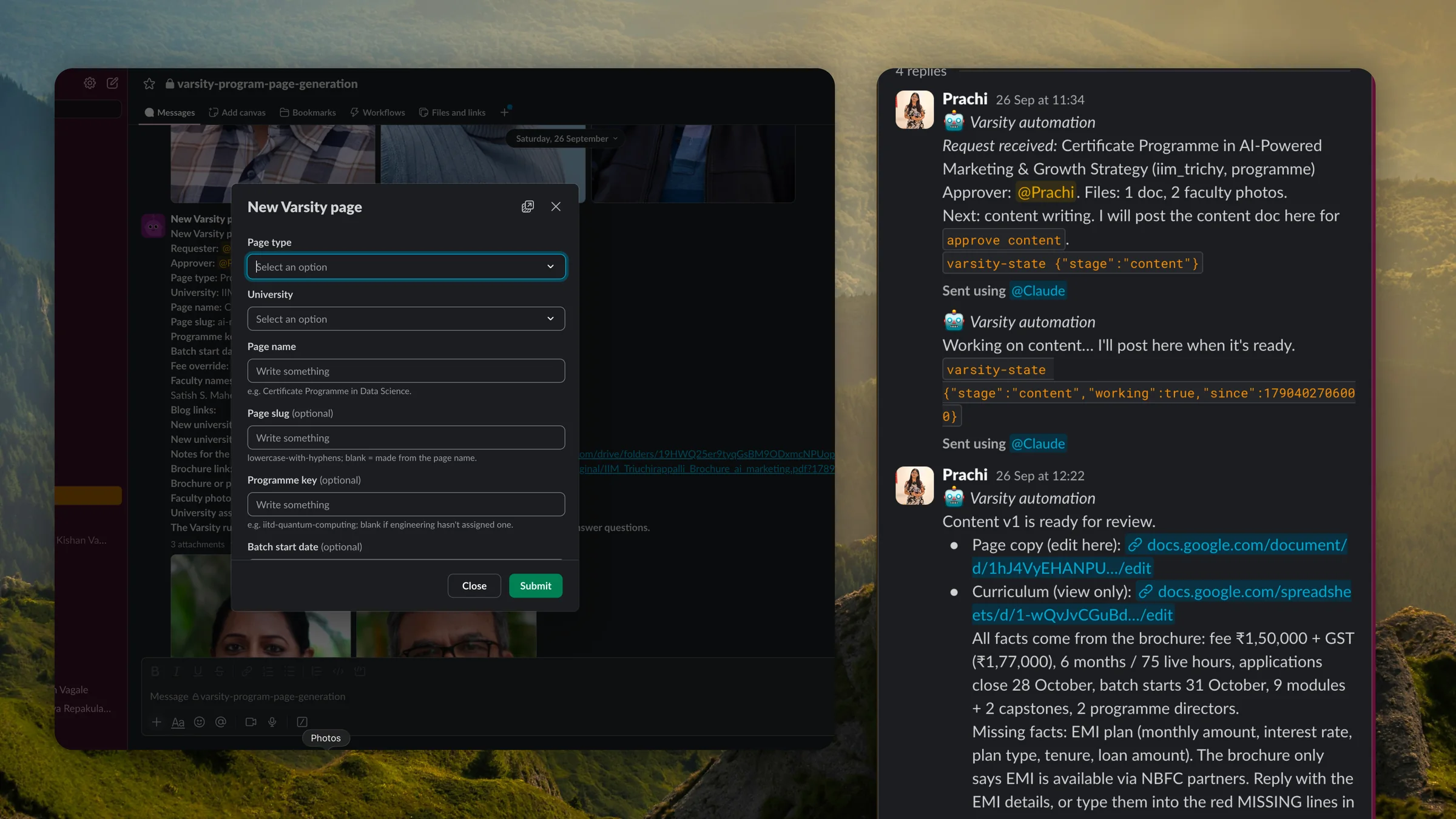 Varsity page automation in Slack: the New Varsity page form on the left, and the automation's thread on the right confirming the request, then posting the content doc for review.