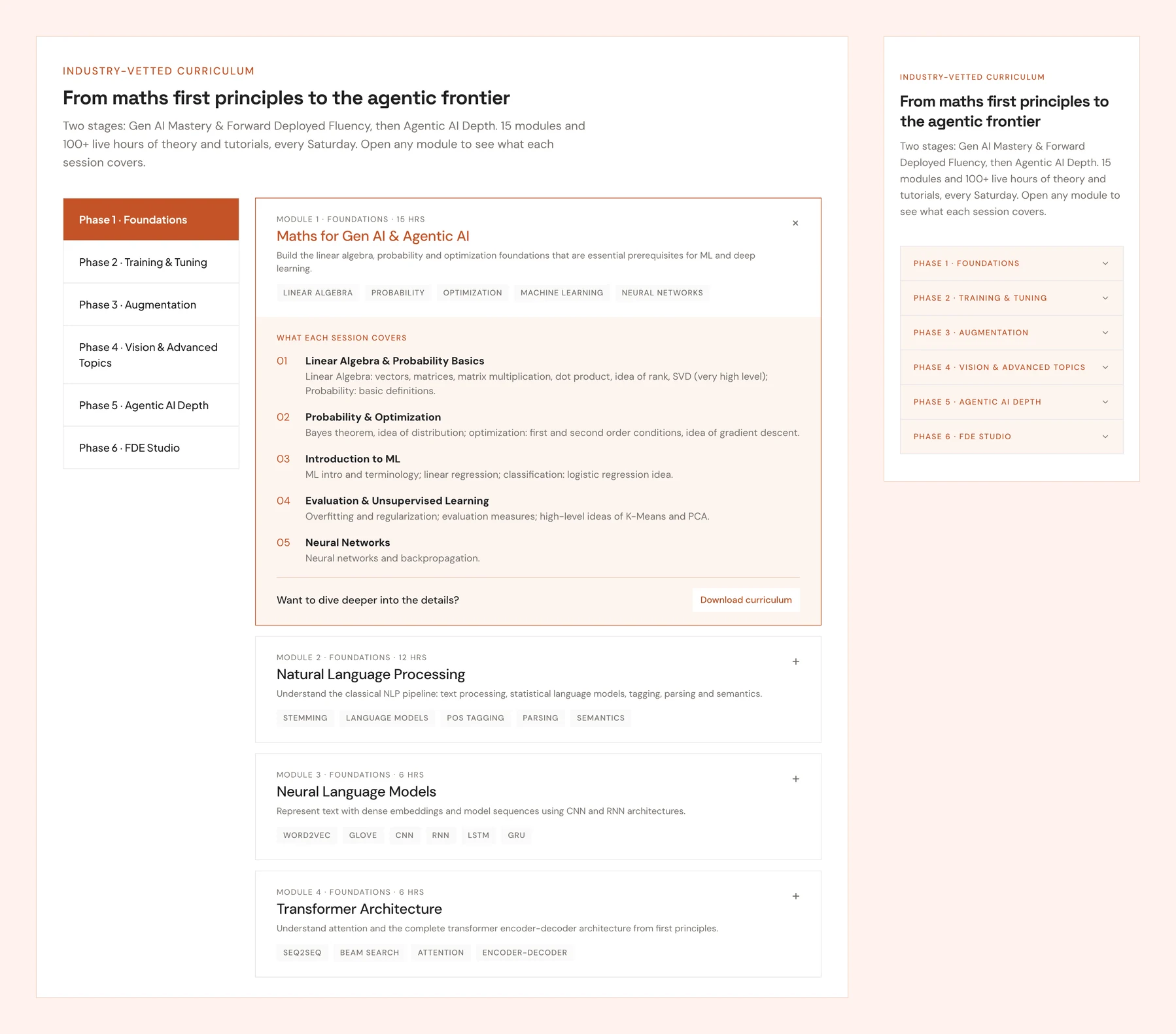 The curriculum module on the live IIT Delhi Generative AI page: on desktop, phase tabs with Module 1 expanded to show each session and later modules collapsed; on mobile, all six phases collapsed into an accordion