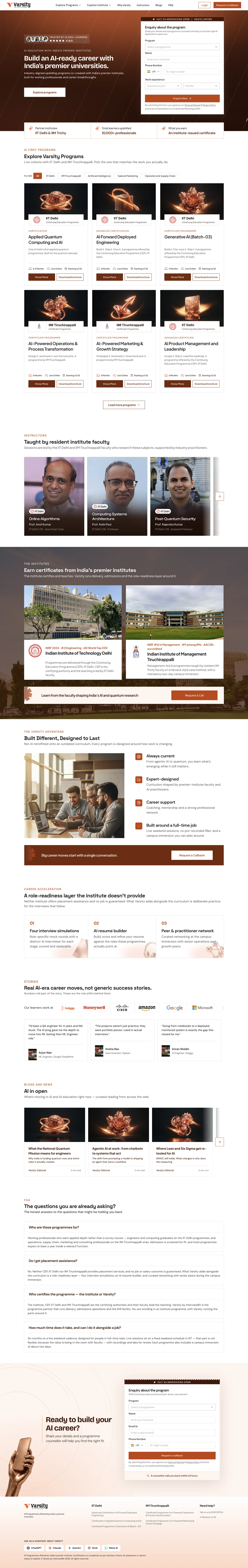 Full Varsity homepage, from the hero and enquiry form through programs, institutes, faculty, stories and FAQs
