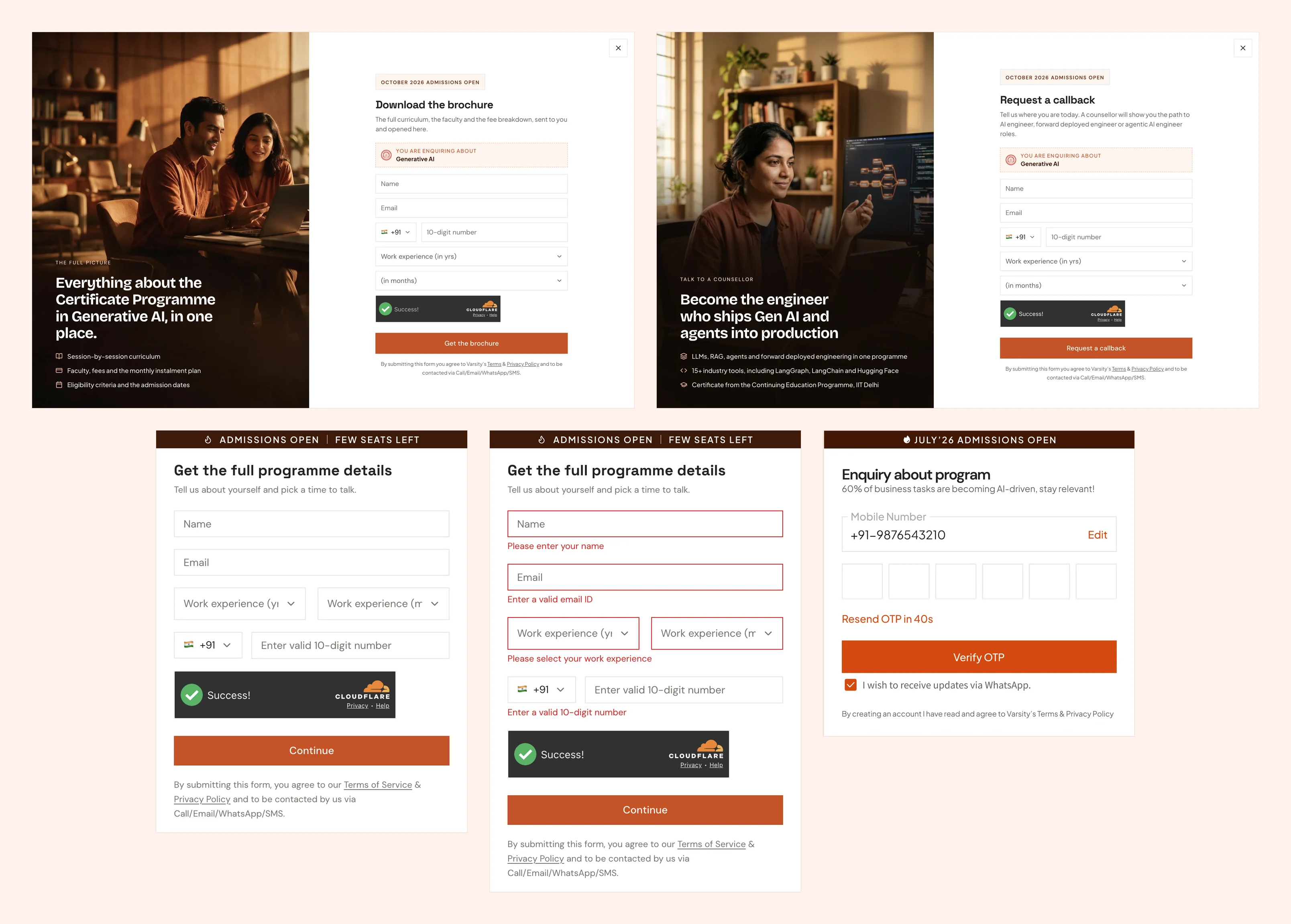 Lead capture states: the brochure download and request-a-callback modals, the hero enquiry form, the same form showing validation errors, and OTP verification