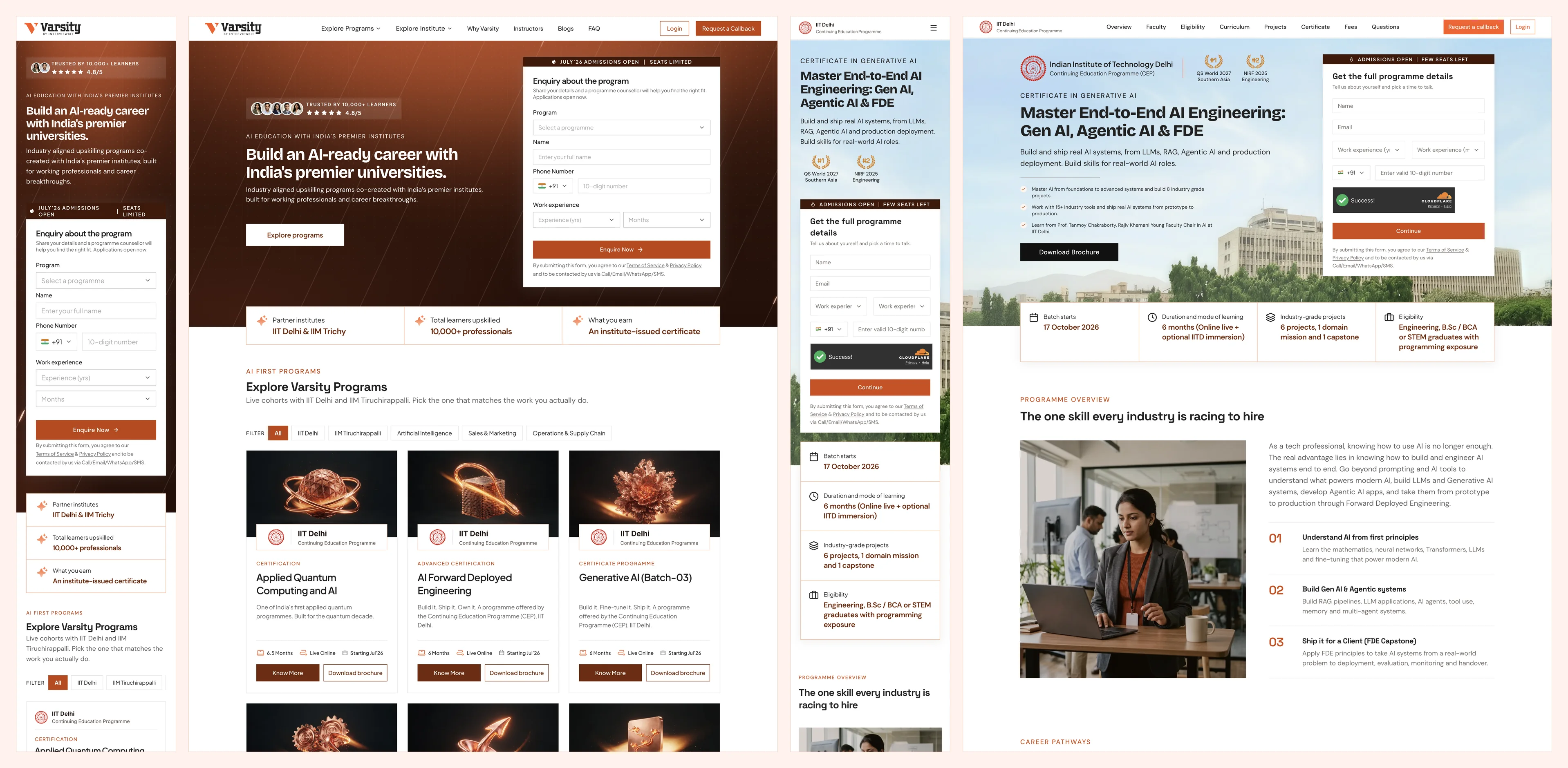 The Varsity homepage and the IIT Delhi Generative AI page, each shown in mobile and desktop layouts